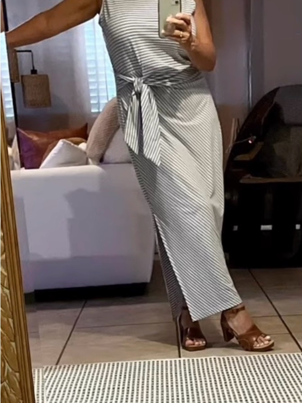 Striped Tie-Waist Sleeveless Maxi Dress — White & Blue